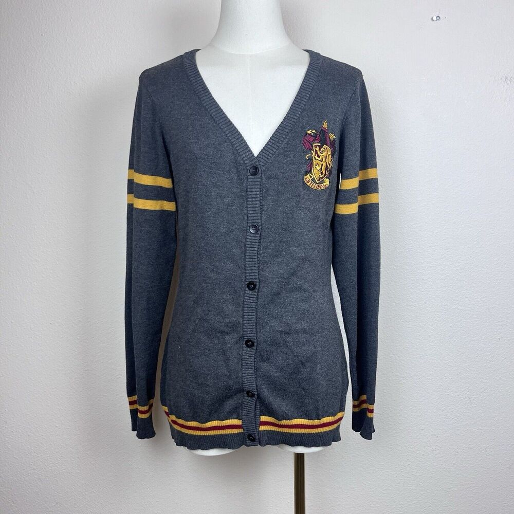 Harry Potter Warner Bros Sweater Womens Medium Cardigan Gryffendor Crest Gray